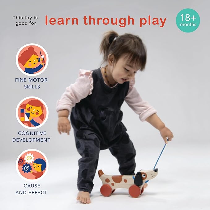 Mentari Toys - Puppy on Wheels - Wooden Dog Pull Toy for Toddlers - Natural Wood Toy with 7 inch Pull Chord, 4 Wheels, Rotating Ears - Enhances Motor Skills - Fosters Imaginative Play - Age 18M+