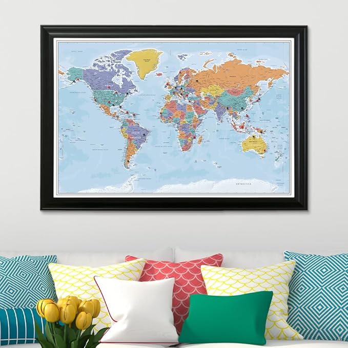 Push Pin Travel Maps - Blue Oceans World Push Pin Travel Map with Black Frame- 27.5" x 39.5" - 8 Handcrafted Frame Options - Made in USA - Ideal for Adventurous Travelers
