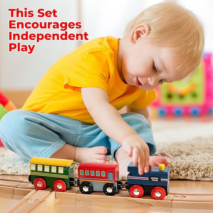 Wooden Train Set 100 Piece All in One Wooden Toy Train Tracks Set with Magnetic Trains and Railway Accessories, Comes in A Clear Container, Compatible with All Major Brands