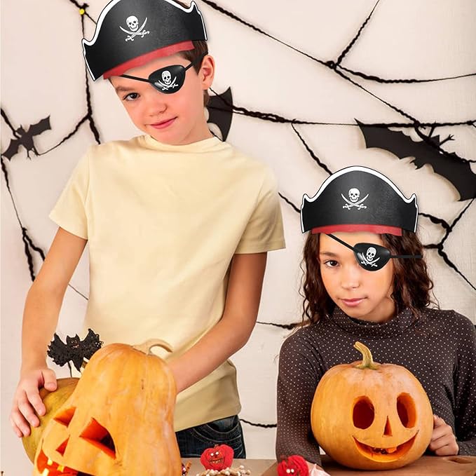 Legigo 48 Pcs Pirate Hat with Eye Mask - Classic Costume Cap Accessories for Pirate Party Cosplay Caribbean Dress, Black
