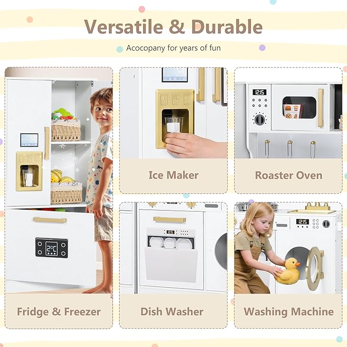 Kinder King Wooden Kids Play Kitchen, Toy Kitchen Playset for Toddler, Play Kitchen Set w/Transparent Coloring Board, Pretend Fridge, Washing Machine, Ice Maker, Gift for Boys Girls Age 3+, White