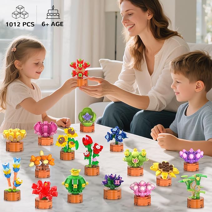 24 Pack Flowers Succulents Party Favors for Kids Building Set - 1012 PCS Botanical Bonsai 3.6MM Mini Building Blocks Toy for Classroom Prizes Easter Basket Stuffers Birthday Gift for Girl Boy Ages 6+