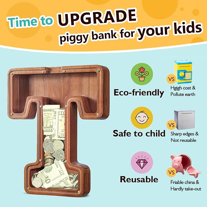 Summidate Customized Name Extra Large Wooden Piggy Bank for Kids Boys Girls Alphabets Letter A-Z Coins Bills Money Change Saving Box Clear Cover (Laser Engraved) Educational Toys 12"- Letter T