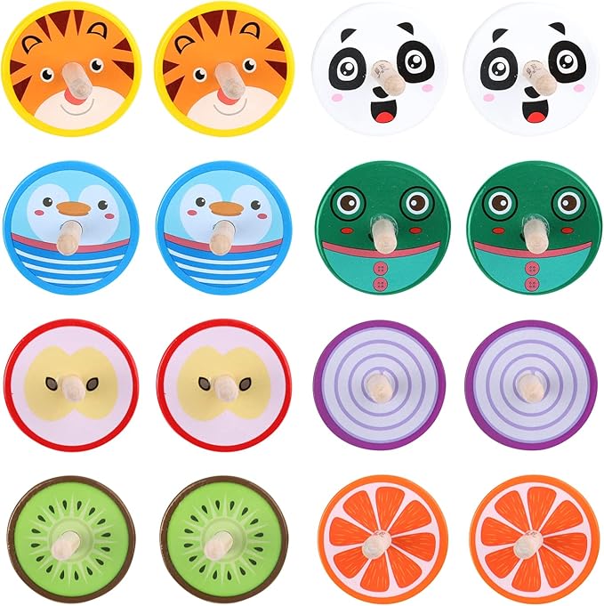 WODI Wooden Spinning Tops, 16 Pcs Wood Novelty Gyroscopes, Kids Handmade Painted Spinner, Kindergarten Toys, Vintage Craft Spin Top, Great Gift for Toddlers Girls Boys