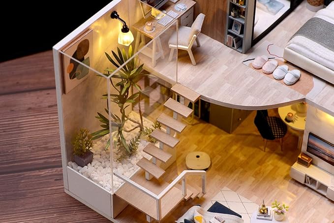 CUTEROOM DIY Miniature Dollhouse Kit with Furniture, Wooden Doll House Kit with LED Lights (L032)