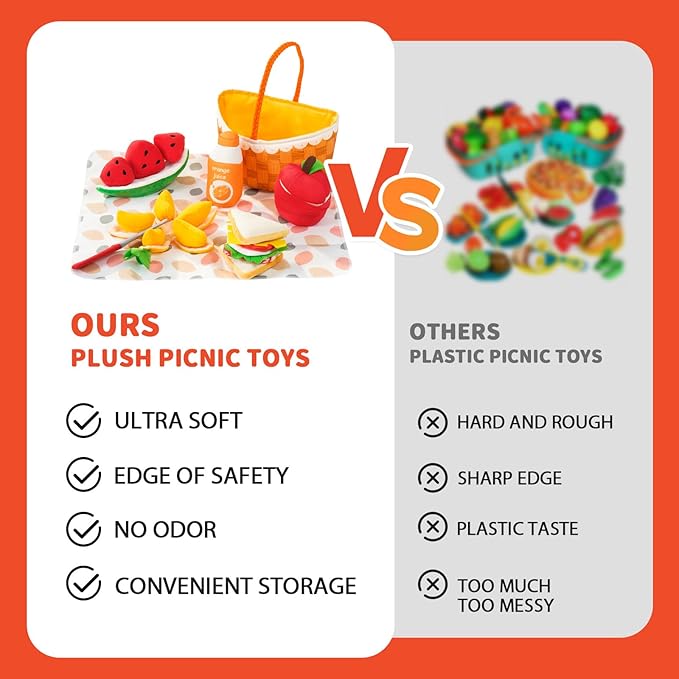 Jollybaby Soft Picnic Basket Cutting Play Food Toys for Baby 6-12-36 Months, Montessori Sensory Felt Fake Food Toy for Toddler 1-3, Birthday Gifts for 1 Year Old Boys and Girls