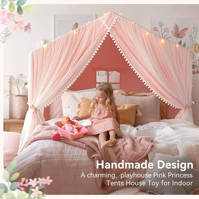 Kids Tent with Mat, Princess Tent for Girl, Kids Tents Indoor, Playhouse for Kid, Play Cottage Pink