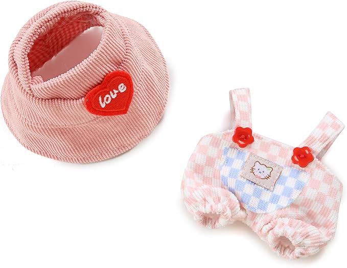 17cm Doll Clothes for Labubu - Kawaii Chic Style Set for 17cm Dolls, Cute Doll Outfit with Accessories - Pink and White Check Romper + Heart Shaped Pink Hat (Clothes Only)