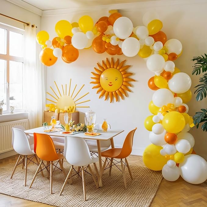 FEYG Sun Balloons, 12 inch Yellow Orange White Latex Balloons Boho Rainbow Sunrise Printed Latex Balloons Half Sun Sunshine Balloons for Sun Party Birthday Baby Shower Decoration Supplies