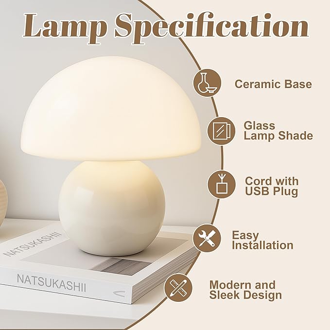NATSUKASHI Mushroom Lamp for Bedroom - White Ceramic Mushroom Table Lamp with Remote, Dimmer & Cord Clip - Mid Century Modern Aesthetic Desk Lamp for Nightstand, Living Room, Gift Decor