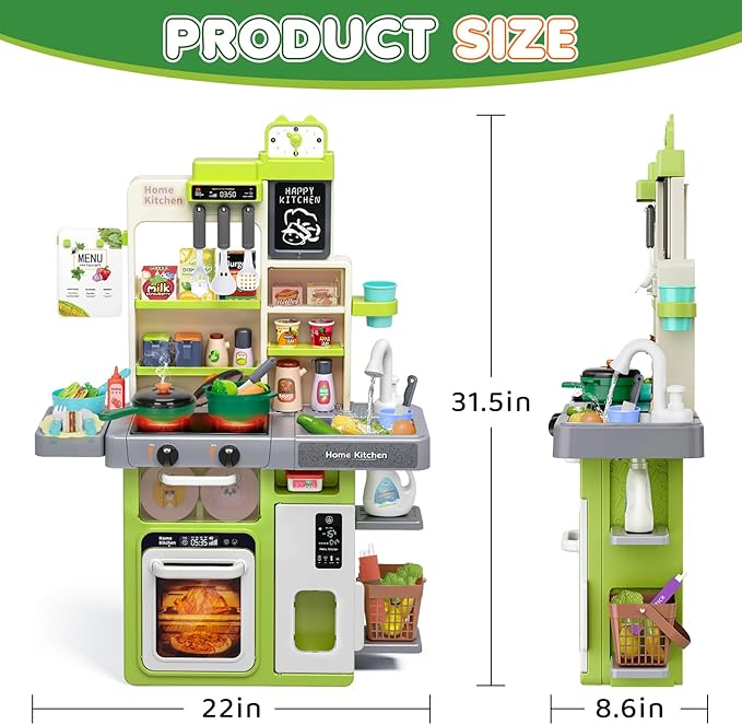 Kids Play Kitchen Set, Toddler Kitchen Playset with Sound & Light, Cooking Stove with Steam, Play Sink, Play Food Toy and Kitchen Accessories, Kitchen Toy for Kids Girls Boys (31.5 * 22 * 8.6in)