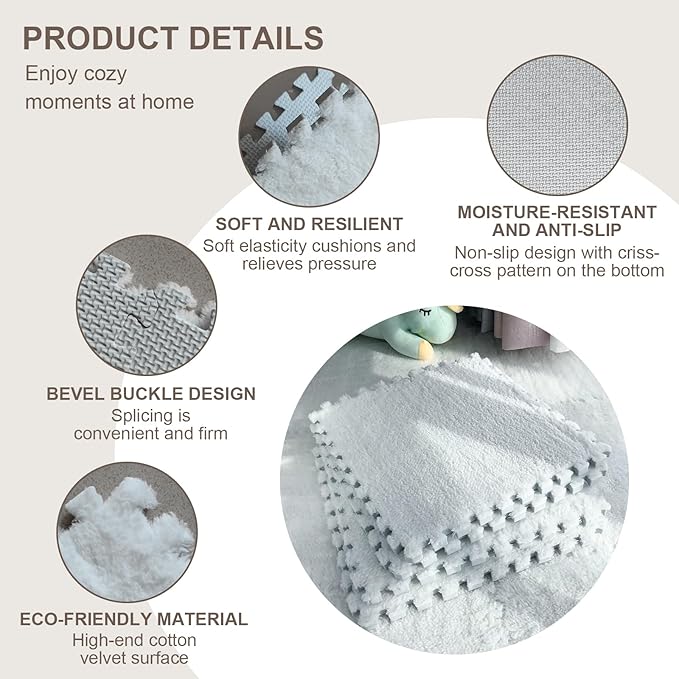 16pcs 0.6" Thickened Interlocking Tile Mats,Fluffy Shaggy Soft EVA Foam Area Rug for Living Room & Bedroom,Non-Slip Protective Floor Carpet Play Mat Kids Baby Dorm Home Decor (11.8ft, White)