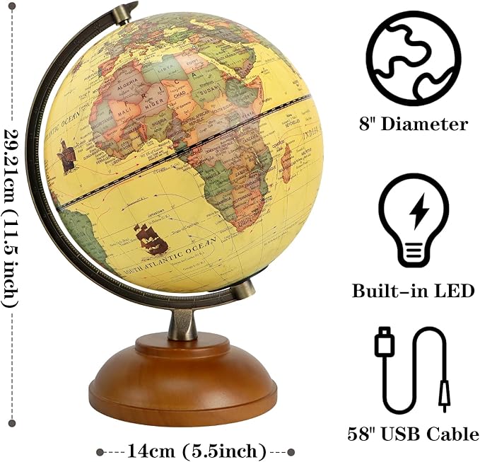 Illuminated Globe of the World with Wooden Stand, 8'' Vintage World Globe Built in LED Night Light for Kids&Adults' Geography Learning, Decor for Home Office Classroom