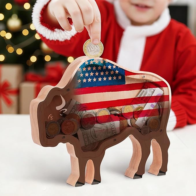 Wooden Bison Piggy Banks for Kids Money Coin Bank, Cute Unbreakable Piggy Bank Kids Safe Money Box, Toddler Birthday Baptism Gifts for Girls Boys Bull Cow Lovers