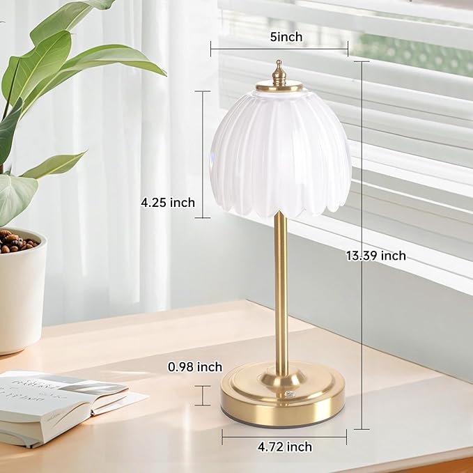 Cordless Small Table Lamp with 5000mAh Battery & Touch Control - 3 Adjustable Color Temperatures, Dimmable Rechargeable Table Lamps for Living Room, Bedroom, Desk, Nightstand (White Tulip)