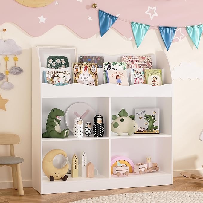 MHOM White Kids Bookshelf, Toy Storage Organizer with Book Rack and 4 Storage Cubbies, Wooden Kids Bookcase, Toy Organizers and Storage for Nursery, Playroom