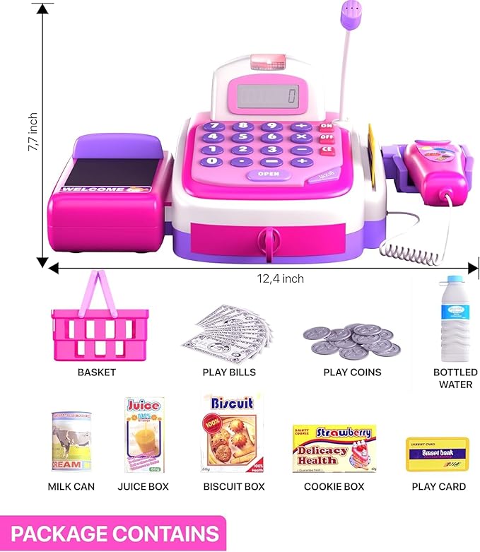 YMCtoys - Products Pretend Play Electronic Cash Register with Realistic Actions & Sounds - Pink