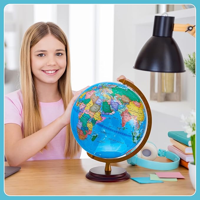 Amylove 13'' Illuminated World Globe for Adults 720°/360° Rotation Rewritable Light Up Globe with Stand World Map for Interactive Learning Light with Base Lamp LED Decor (Brown Wood,Classic)