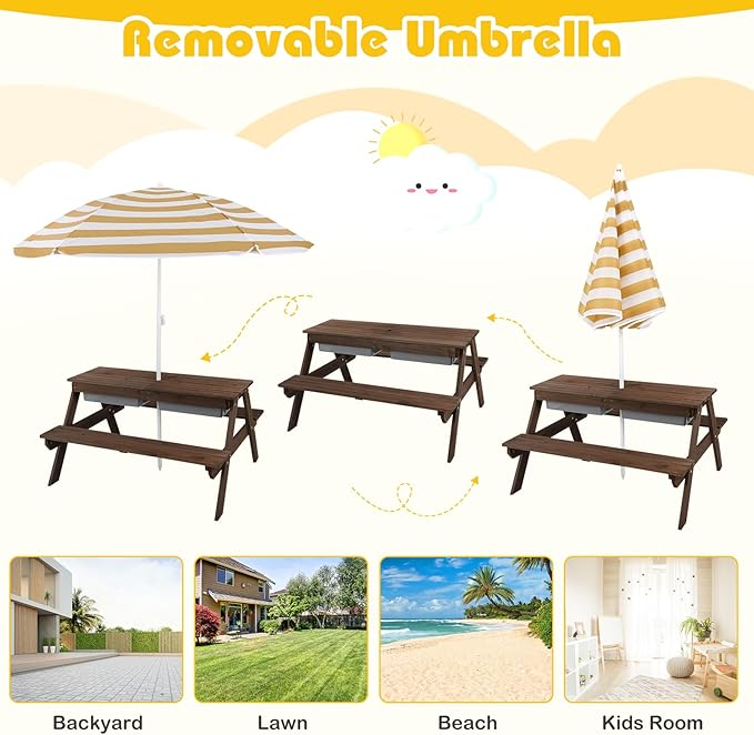Costzon Kids Picnic Table with Sensory Bins, 4 in 1 Sand and Water Table with Height Adjustable Umbrella, Removable Tabletop for Outdoor Backyard Patio Play