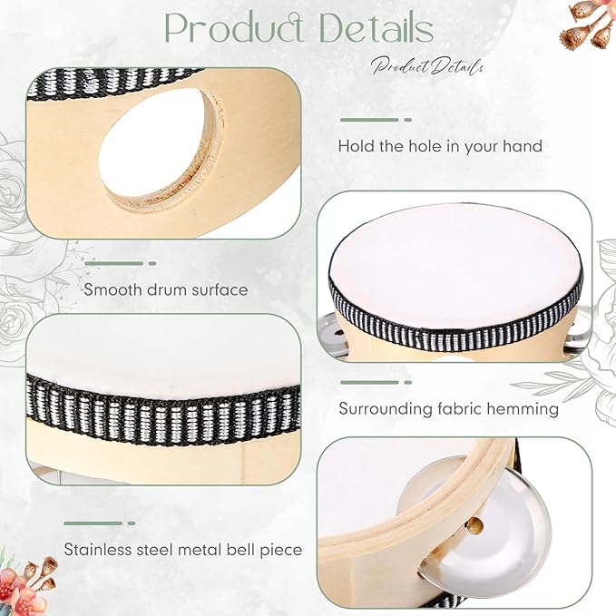 24 Set Tambourine for Adults Wooden Hand Held Drum with Metal Jingles, Gift Tags, White I Love You Printed Ribbon Percussion Gift Musical Instrument for Church Wedding Party Favor (8 Inch)