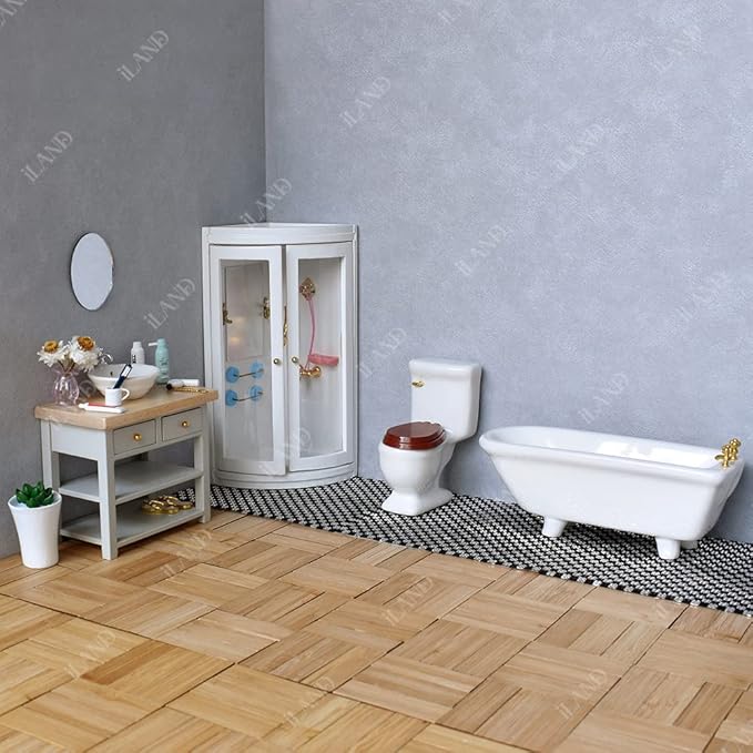 iLAND Dollhouse Furniture and Accessories 1/12 Scale of Dollhouse Bathroom Set incl Ceramic Dollhouse Toilet & Bathtub & Wooden Bathroom Cabinet with Sink (Modern 7pcs)