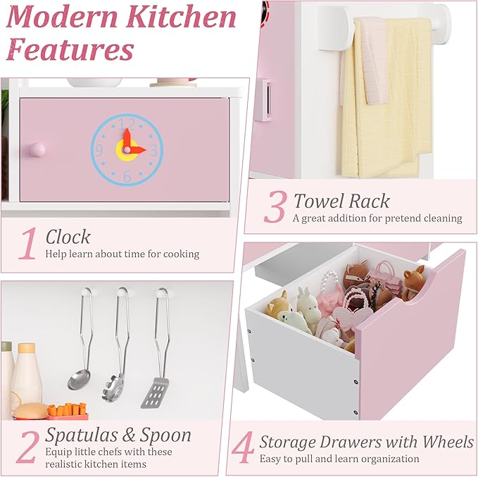 Keyluv Wooden Play Kitchen for Kids and Toddler, Montessori Toy Kitchen Playset with Plenty of Pretend Play Features and Storage Drawers, Gift for Boys and Girls, Pink