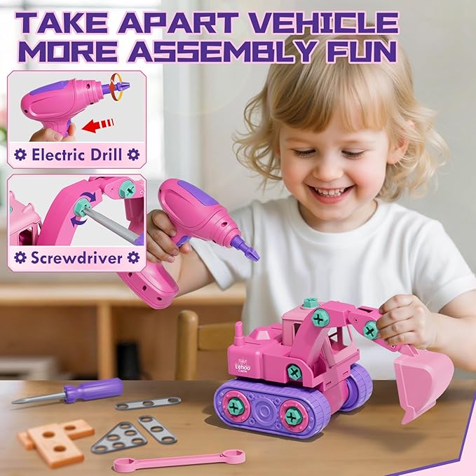 Lehoo Castle Kids Tool Set with Electric Toy Drill and Tool Box, Construction Toys for 3 Year Old Girls Birthday Gift, Pretend Play Toddler Tools for 3-5 Years Old (Pink)