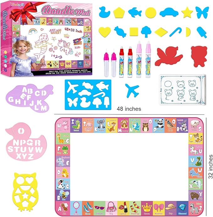 Toddlers Toys Water Doodle Mat: 48 X 32 Inch Large Mess Free Coloring & Drawing Mat - Instant Drying - Kids Educational Toys for Girls Age 3-5 Home Activities - Birthday/Christmas Gifts for Girls Boys