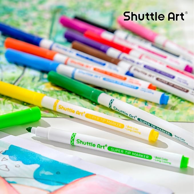 Shuttle Art 312 Pack Washable Super Tips Markers, 12 Assorted Colors Conical Tip Large Markers Bulk with a Box, Bonus Caps, Home Classroom School Supplies for Toddlers Kids Adults Students Teachers