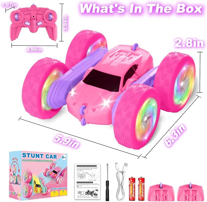 Remote Control Car, RC Cars for Girls, 2.4 GHz Double Sided RC Crawler with Upgraded USB-C Modular Battery, 360°Rotating Car Toys for 6 7 8 9 10 11 12 Year Old Girl Birthday Gift Pink-Purple