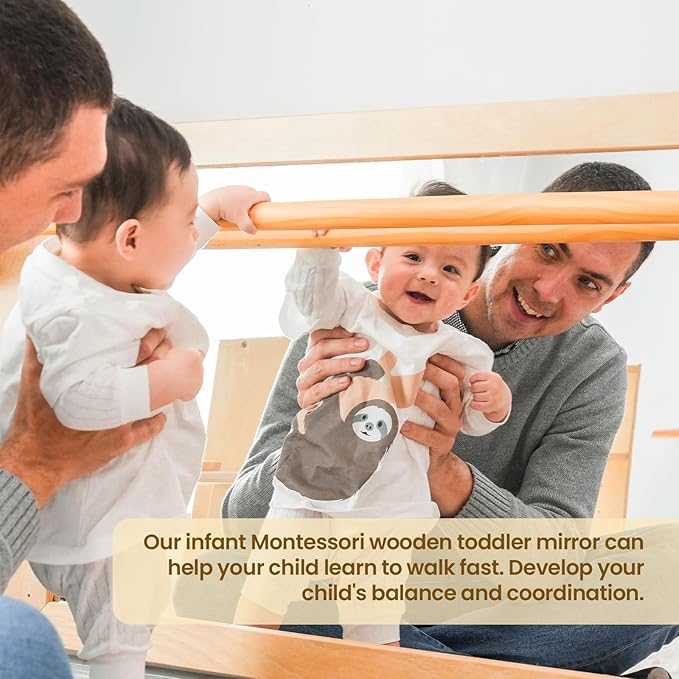 XIHAToy Coordination Mirror Montessori Wooden Toddler Mirror Safety Shatterproof Mirror Acrylic Non-Glass Early Learning to Walk Mirror with Handle, XH-MTM-2
