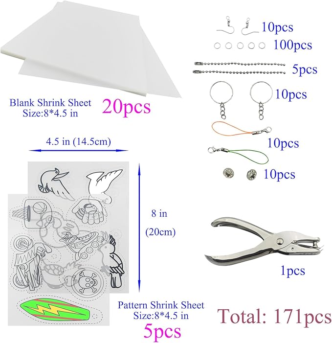 AncBace Heat Shrink Plastic Sheets Shrink Film Papers Kit Patterned Sheets Frosted Shrink Paper Sheet 171 PCS DIY Ornaments Keychains Making for Creative Art and Craft (8 x 5.7inch)