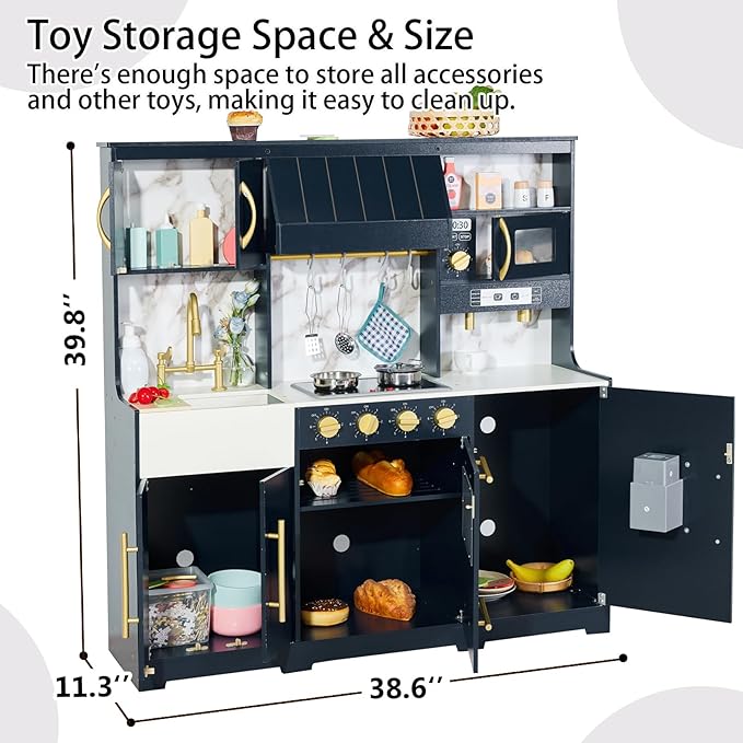 Wooden Play Kitchen for Kids with 14 Pcs Accessories, Interactive Pretend Play Kitchen Toys Set with Realistic Features, Learning Toy Gift for Boys & Girls Ages 3+ (Dark Blue)