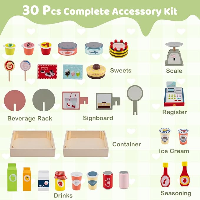 HONEY JOY Kids Food Cart, 30-Piece Toddler Pretend Play Grocery Store Playset w/Cash Register & Scale, Wooden Dessert Shop Play Market, Children Beverage Stand Cart w/Wheels, Gift for Boys Girls