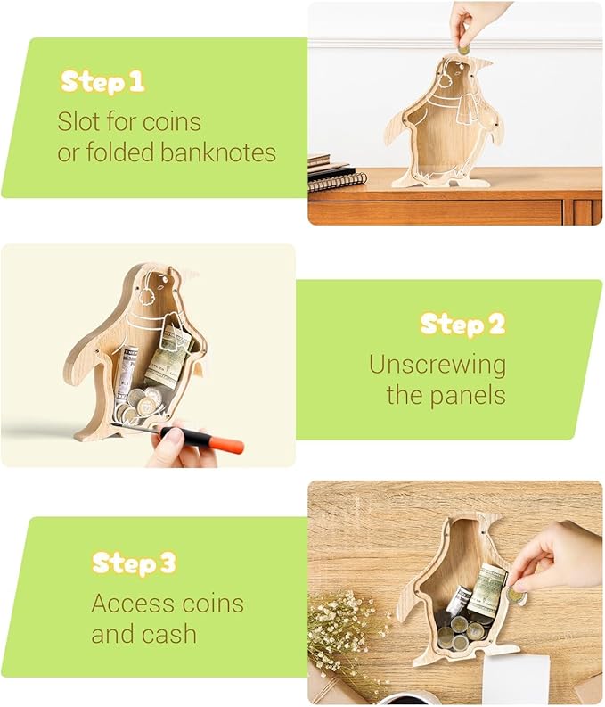 Wooden Penguin Piggy Banks for Kids Money Coin Bank, Cute Unbreakable Piggy Bank DIY Personalized Kids Safe Money Box with Stickers, Toddler Birthday Baptism Gifts for Girls Boys Penguin Lovers
