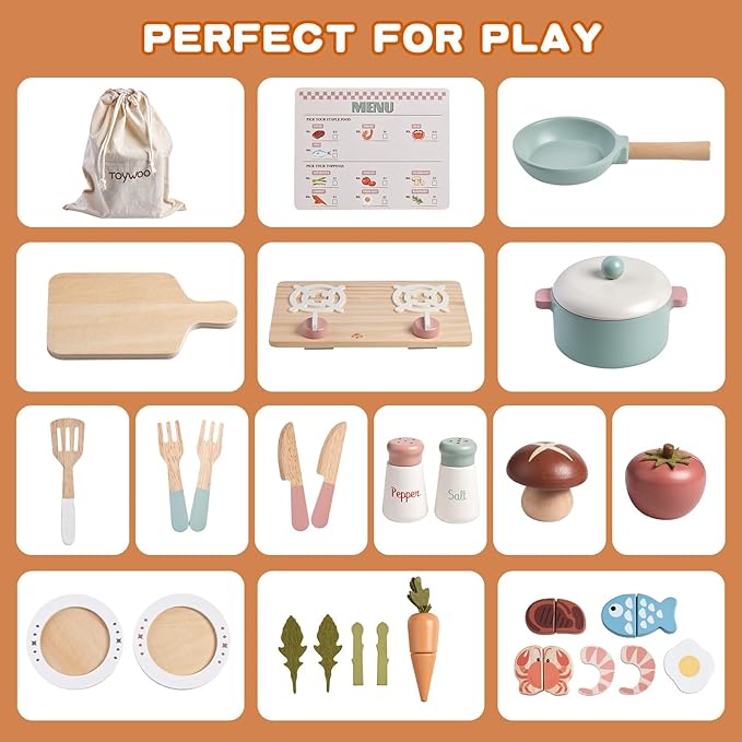 Wooden Play Kitchen Accessories Pretend Toy Pots and Pans Sets for Kids Kitchen Playset with Toy Stove Toddler Cooking Sets Food Toys for Toddlers 3-5 Gifts for Girls Boys (Wooden Cooking Set)