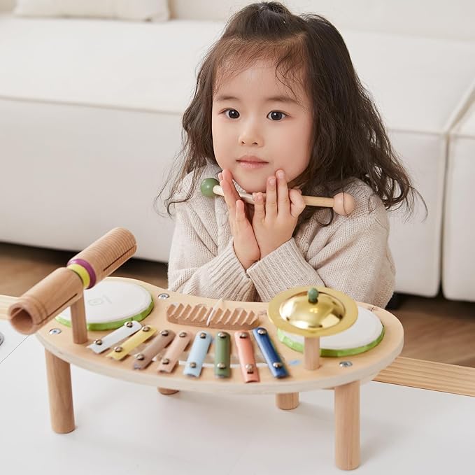 Asweets 7 in 1 Kids Drum Set for Toddlers Wooden Xylophone Musical Instruments Kit Play Set for Toddler Baby Drum Set Montessori Toys Sensory Toys Birthday Gifts for Girls Boys (Moon)