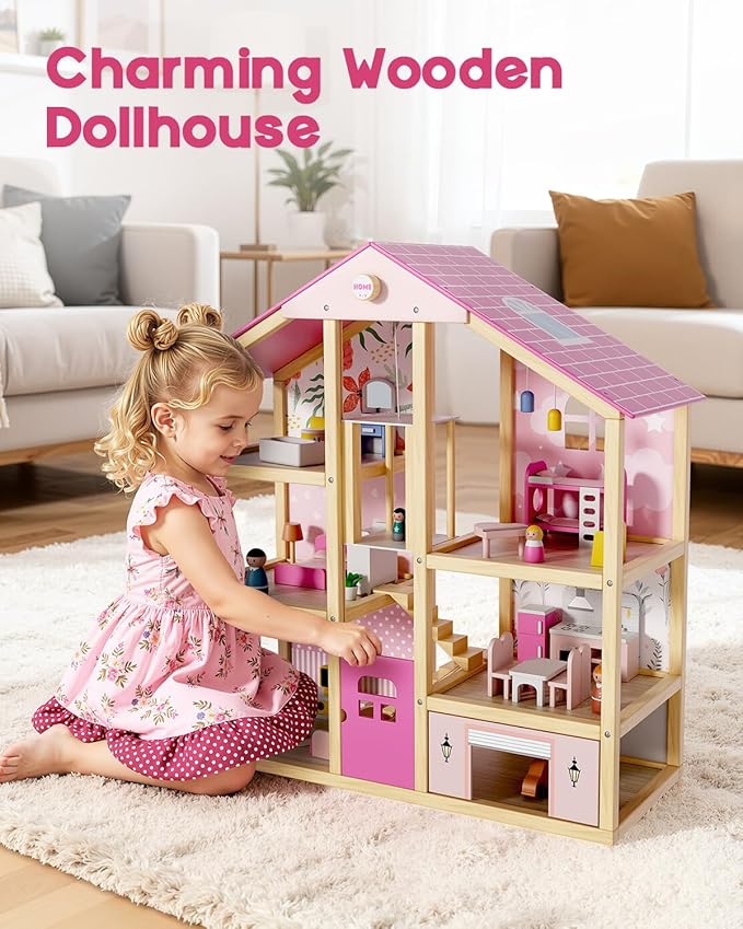 BIERUM Wooden Dollhouse for Girls, Large Pink Wooden Doll House with 39 Furniture Accessories, Elevator & Garage, 5 Rooms Modern Dollhouse for Toddlers, Pretend Play Toy Gift for Kids (Pink)