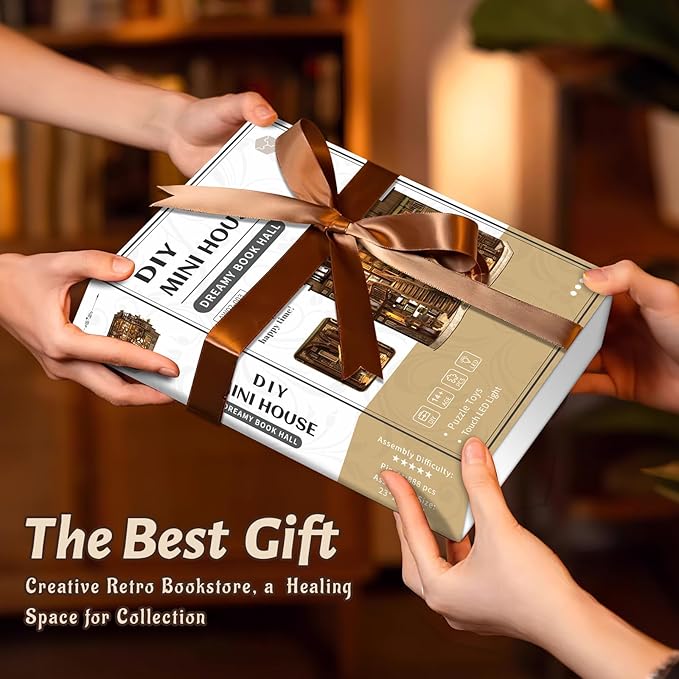 DIY Miniature House Kit, Mini House Building Kit, DIY Book Nook Kit, Tiny Model House for Adults to Build, Beginner 3D Wooden Book Nook, for Family Friends (Book Hall)