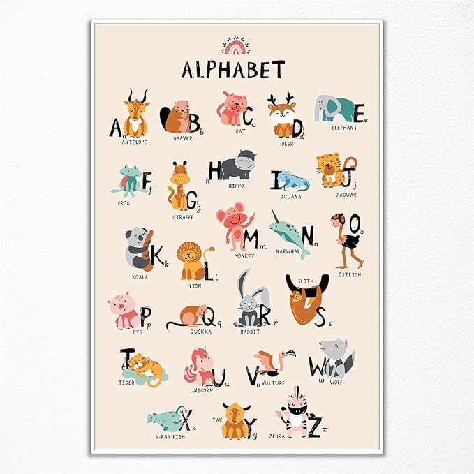 Animal Alphabet Poster - ABC Animal Poster for Toddlers, Wall Art for Classroom or Nursery, 16x24in Unframed
