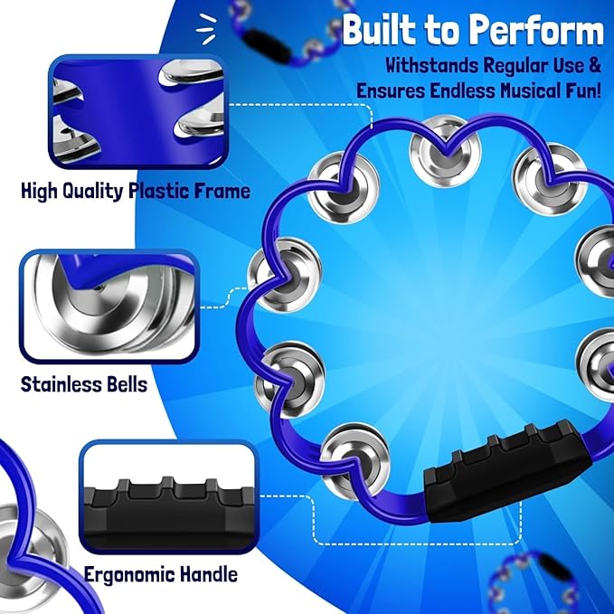 Flexzion Flower Tambourine - 8 Inch Handheld Percussion Instrument w/Metal Jingles & Ergonomic Grip - Small Tambourines for Adults, Kids, Church, Parties, & Musical Events (Blue)