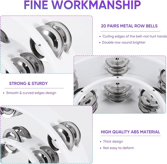 Tambourine Musical Instrument for Adults Church - 10 Inch Half Moon Tambourines with Egg Shakers Double Row Metal Jingles Handheld Percussion Instruments for Dance Party Events KTV (White)