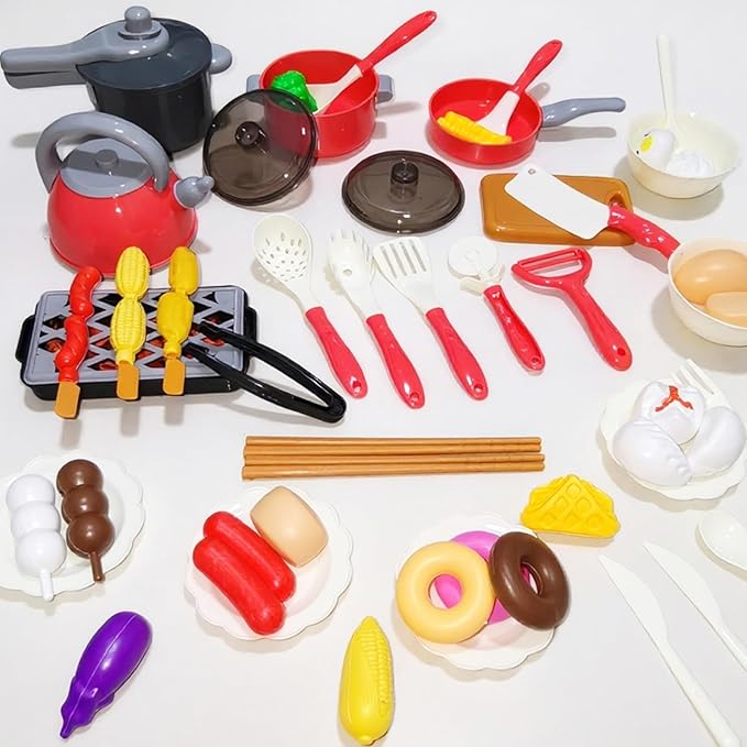 Kids Kitchen Toy Accessories, 61PCS Toddler Pretend Cooking Play Pots, Kitchen Playset, Play Pots, Pans, Utensils Cookware Toys, Play Food Set, Vegetables, Learning Gift for Girls Boys (Red)