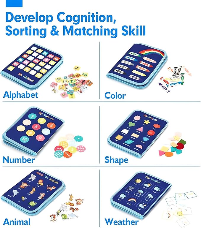 Montessori Busy Book I Toddler Busy Board I Travel Toys for Toddlers 2-4 Quiet Sensory Activity Board I Fine Motor Skills Learning Shapes Colors Animals I Gift Toys For Boys -8 Pg, Blue