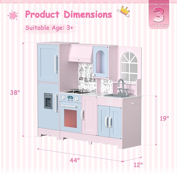Play Kitchen for Kids, Wooden Kids Kitchen Playset w/Faucet, Sink, Stove, Oven, Window, Cookware, Storage Cabinets, Toddler Role Play Kitchen Pretend Play Toy Set Gift for Girls Boys Ages 3+