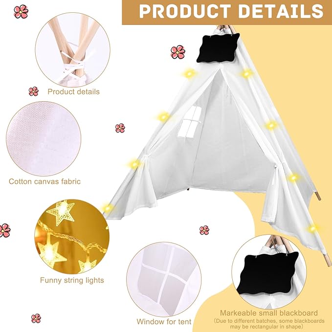 6pcs Teepee Tents Set with Markeable Small Blackboards and 10FT String Lights, Foldable Indoor Outdoor Play Teepee Tent for Girls & Boys, for Birthday Party Boho Sleepovers Party (White)