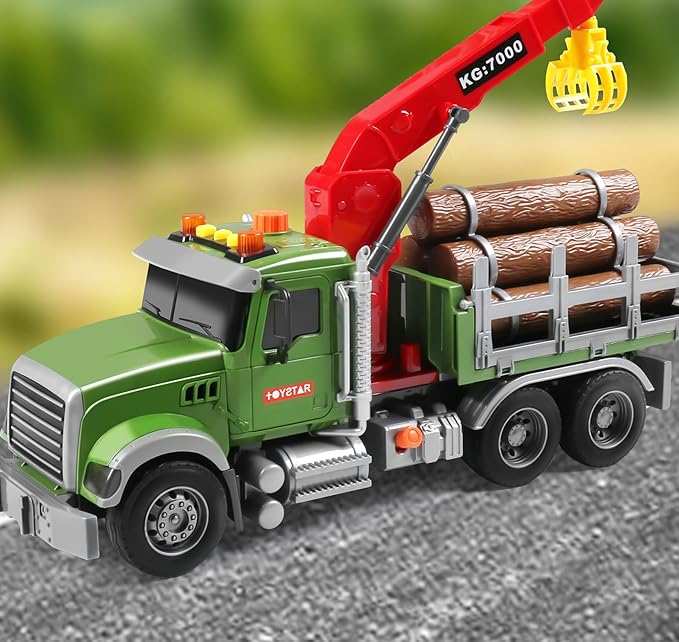 Dwi Dowellin Kids Toys for 3 4 5 6 7 Years Old Boys,15" Large Timber Truck with Loading Crane and 6 Trunks,Birthday Gifts for Boy Toddler Child