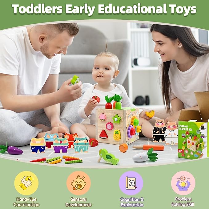 Baby Wooden Activity Cube Montessori Toys for Boys Girls Birthday Gifts, 5 in 1 Early Educational Learning Fine Motor Skill Game Toys for Toddlers Kids 18 24 Month Christmas Stocking Stuffers