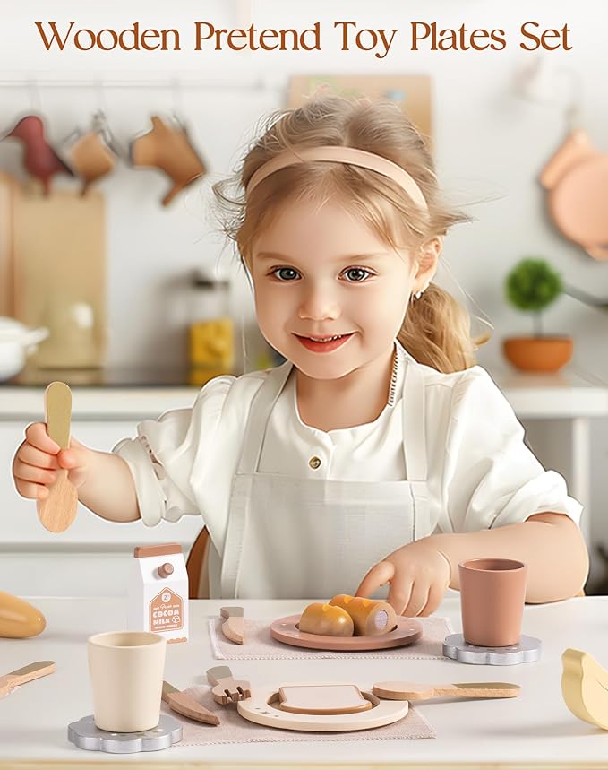 ROBOTIME Play Kitchen Dishes Set, 29PCS Wooden Toddler Plates and Dishes for Boys Girls Gifts