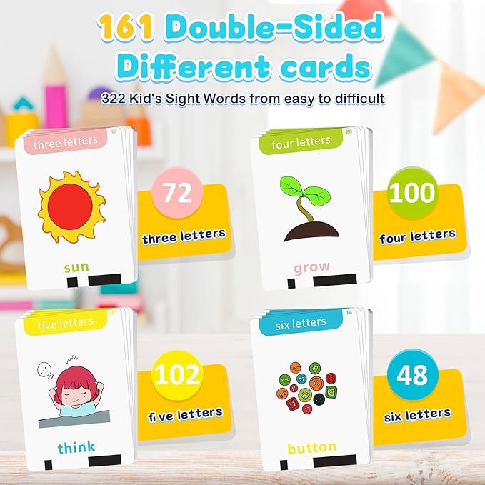 HOMESTEC Phonics Flash Cards for Toddlers, Matching Letter Game Learning Toys for Kid, Autism Speech Therapy Materials 322 Sight Words,Boy Girl Birthday